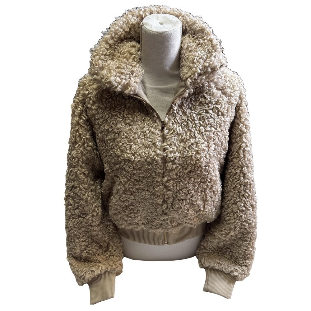 Fashion Nova Sherpa Teddy Jacket Coat Outerwear Size XS Beige Ribbed Cuffs Hem